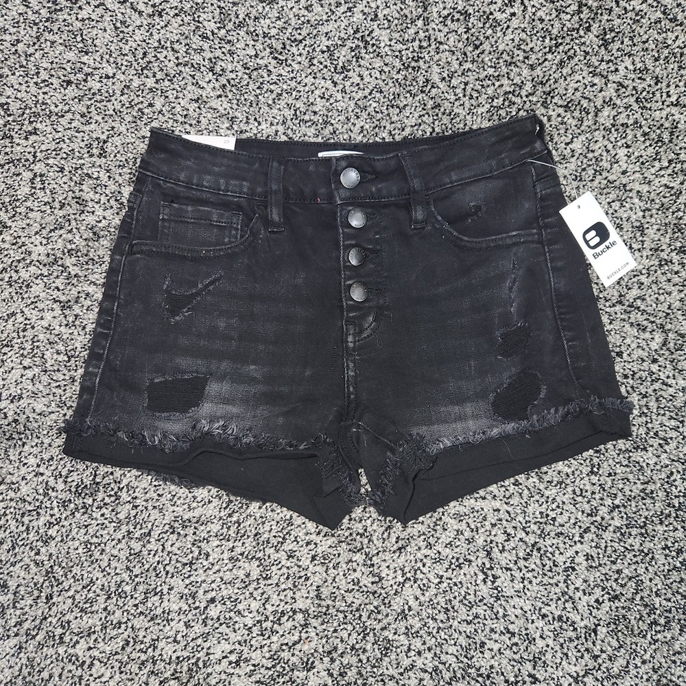 Kancan Black Jean Shorts Button Fly Mid Rise Stretch Destressed Grunge Emo Sz 25 - Picture 3 of 10
